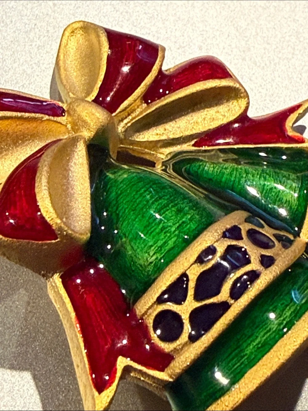 Gold-Tone Green & Red Bell Brooch with Bow